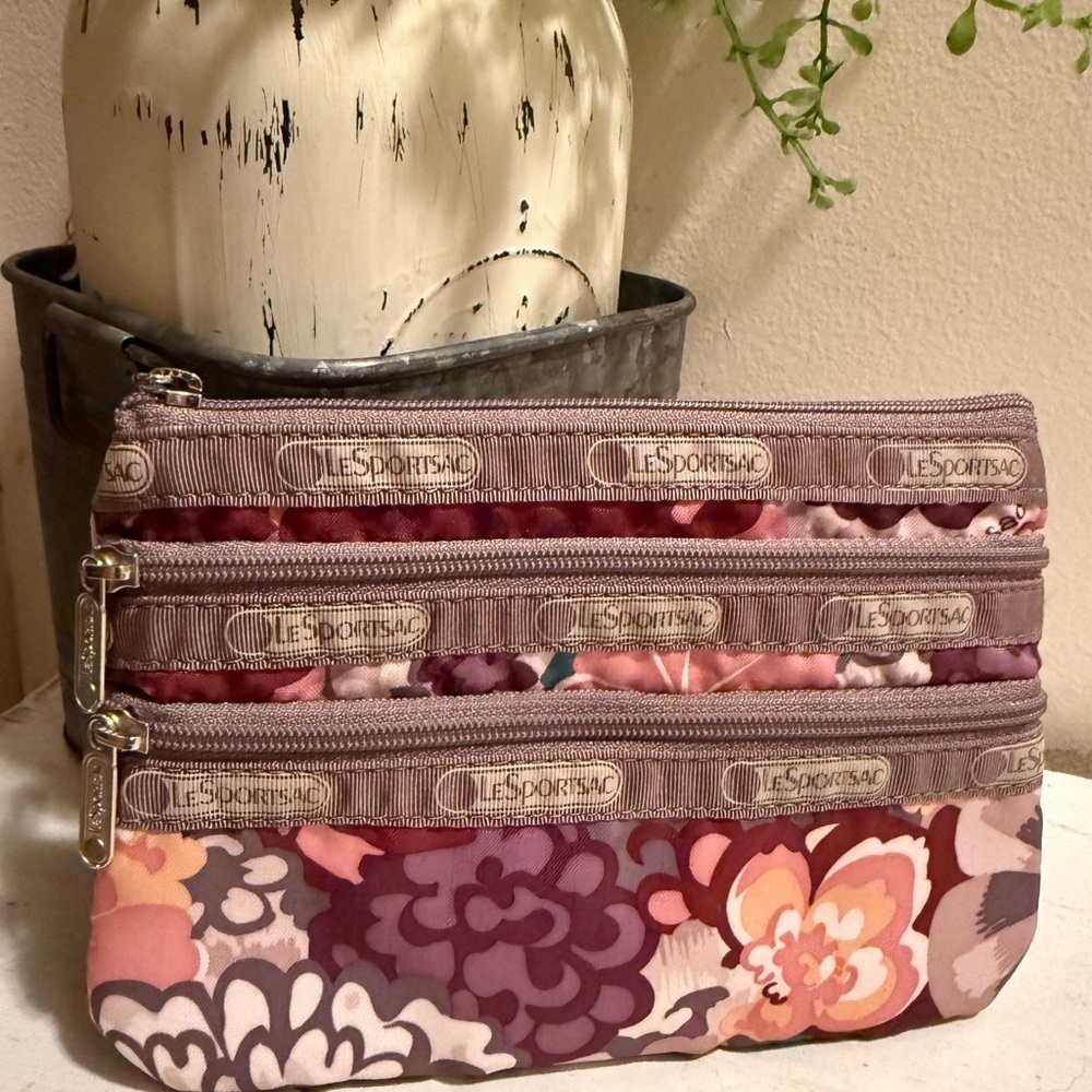 LeSportSac 3 zipper Pouch/cosmetic/bag/wallet/ pink&brown Flowers pattern 7"x5"